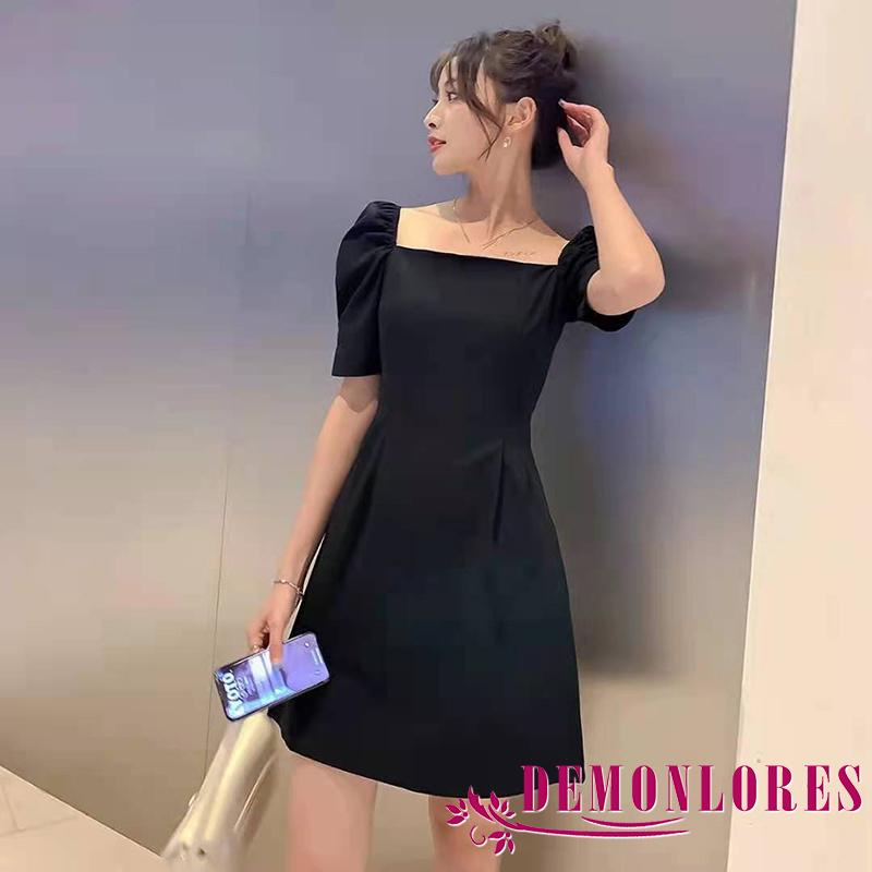 Đầm đen một mảnh cổ vuông tay phồng màu trơn thời trang mùa hè cho nữ
