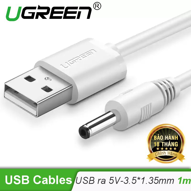 Dây chuyển nguồn USB 2.0 sang DC1.35 x 3.5mm Ugreen 50537 màu trắng(dài 1m)