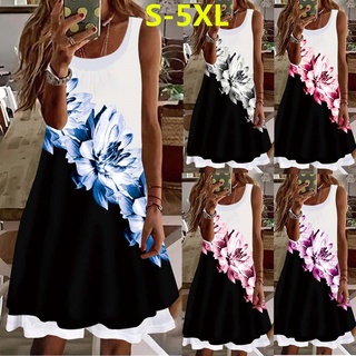Đầm Giả Hai Lớp Cổ Tròn Dáng Rộng Không Tay In Họa Tiết size s-5xl Thời Trang Cho Nữ