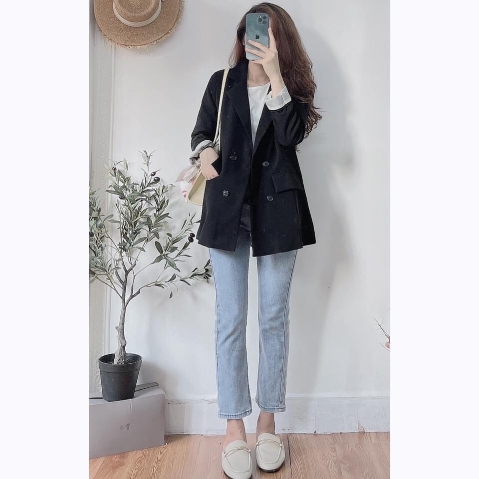 [Ảnh thật] Áo blazer đen trơn 2 lớp túi nắp ulzzang