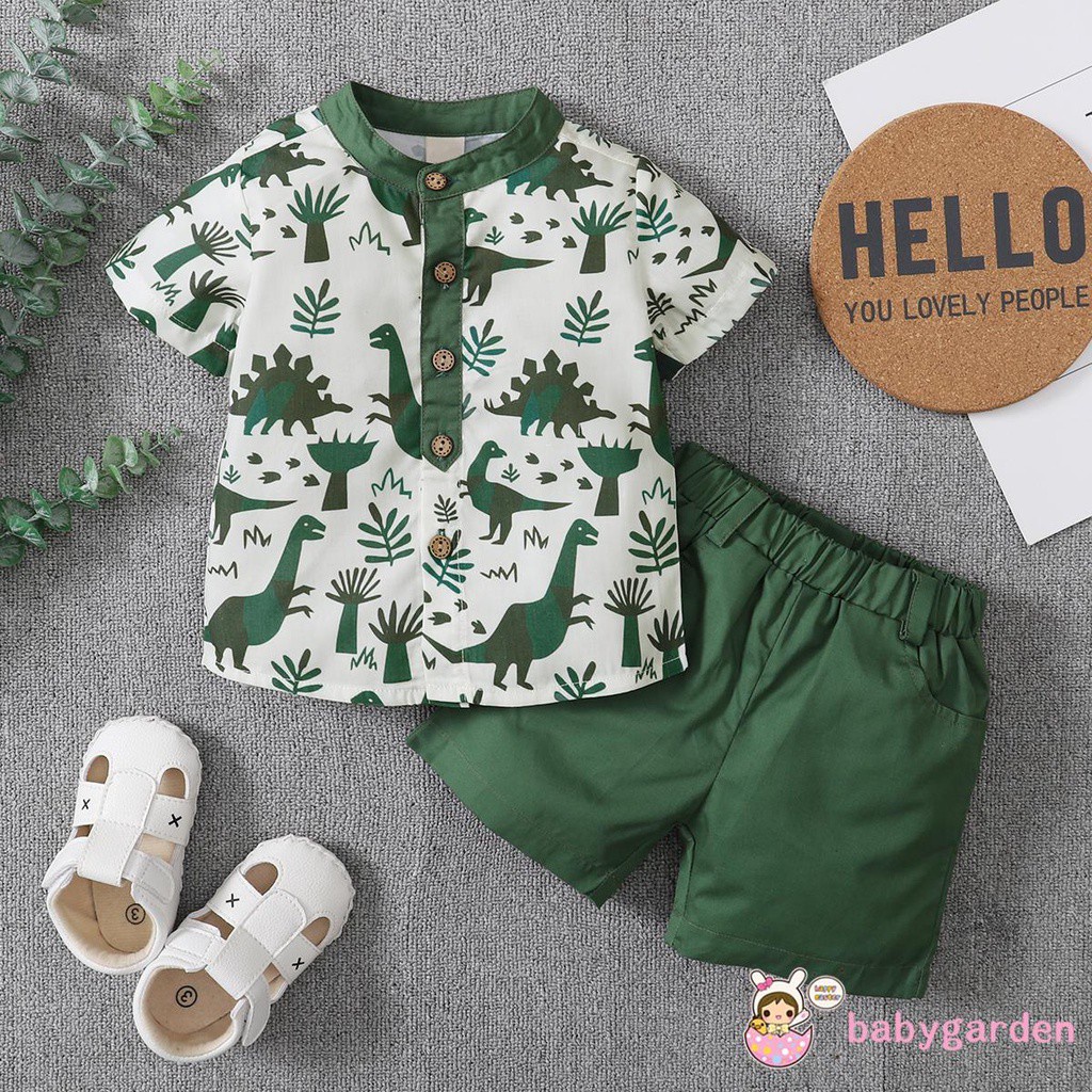 Set áo sơ mi tay ngắn cài nút + quần short eo co giãn thời trang mùa hè cho bé trai
