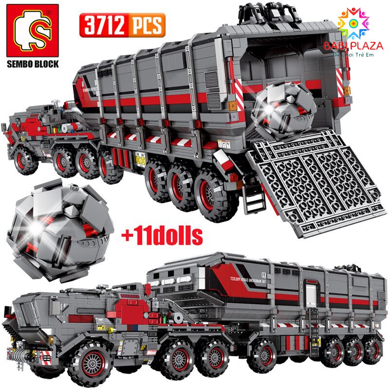 Bộ lắp ghép SEMBO 3712 mảnh ghép + 11 nhân vật - Siêu Pháo Đài Mặt Đất - Xe Thiết Giáp Vận Tải 14 bánh
