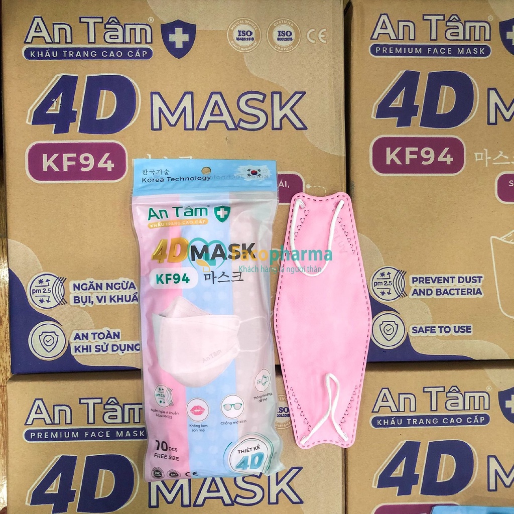 Khẩu trang 4d mask kf94 Hàn Quốc 4 lớp kháng khuẩn ngăn bụi mịn thông thoáng chính hãng An Tâm túi 10 cái AT4DO