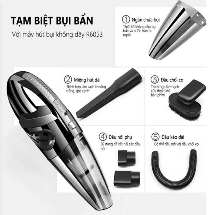 Máy Hút Bụi Không Dây 6053 Sạc Pin Cáp USB Dùng Trên Ô tô và Gia Đình