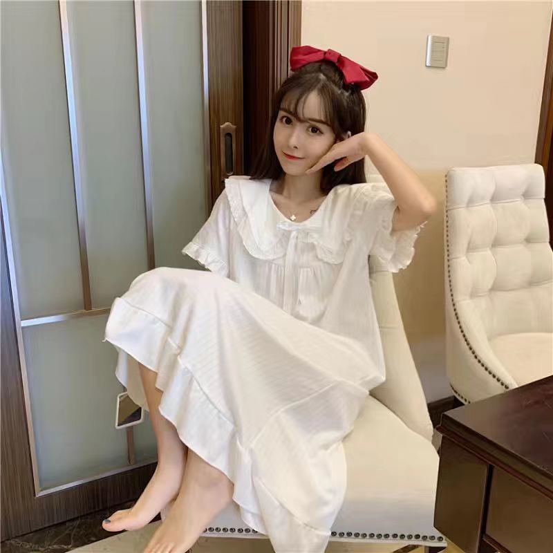 Đầm Ngủ Tay Ngắn Cổ Búp Bê Dáng Rộng Phong Cách Nhật Bản Dễ Thương Dành Cho Nữ