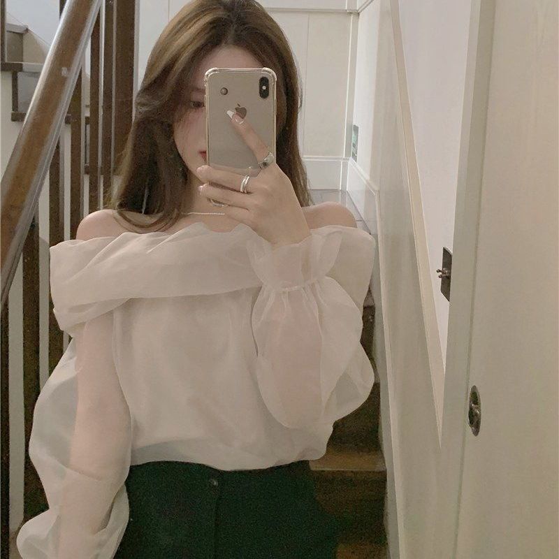 Áo Kiểu Tay Dài Trễ Vai Phối Lưới Kiểu Dáng Ngọt Ngào Nữ Tính