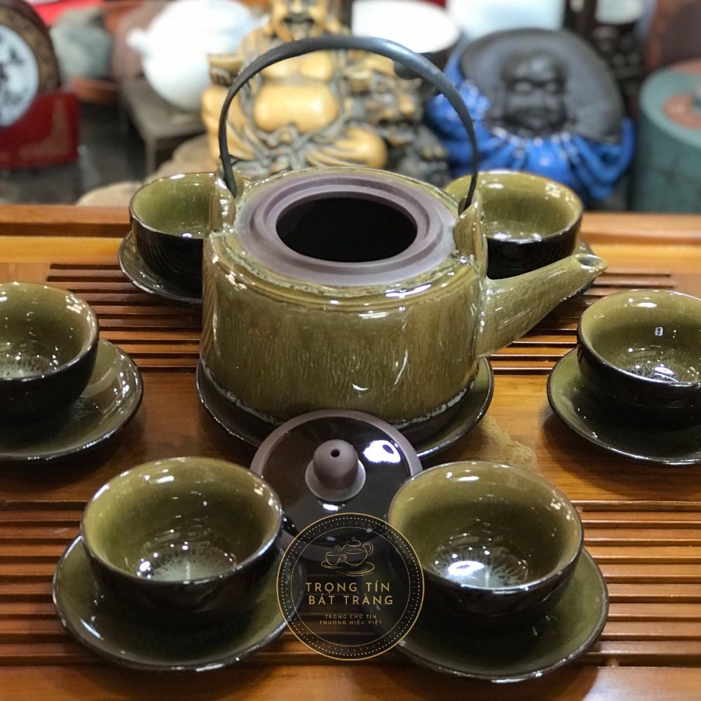 Bộ Ấm Chén Trà Đạo Men Hỏa Biến Hoàng Thổ Bát Tràng Dáng Biến Trúc Đề Lương Dung Tích 550ml (Bộ Ấm Chén) AVMT 14
