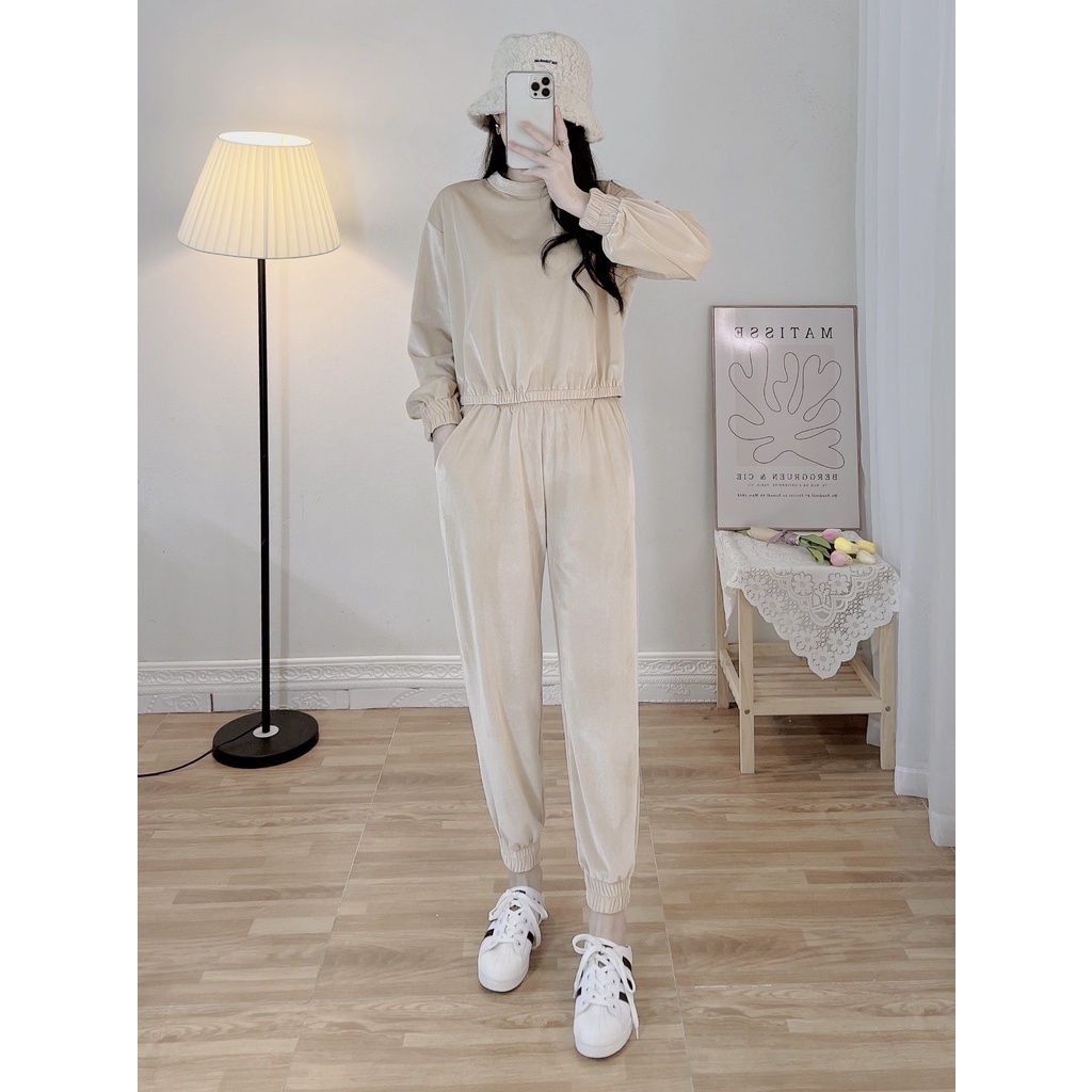 SET đồ Thời Trang mặc nhà. Bộ đồ nhung trơn mềm mịn thiết kế dáng dài áo croptop, quần baggy, kiểu bo chun sang chảnh