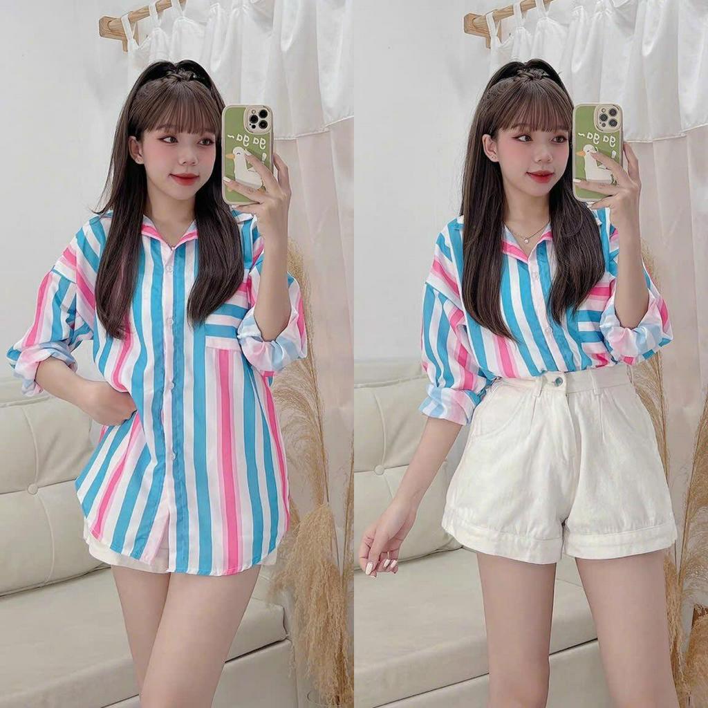 Áo Sơ Mi Sọc Phối Màu Tay Dài Có Túi