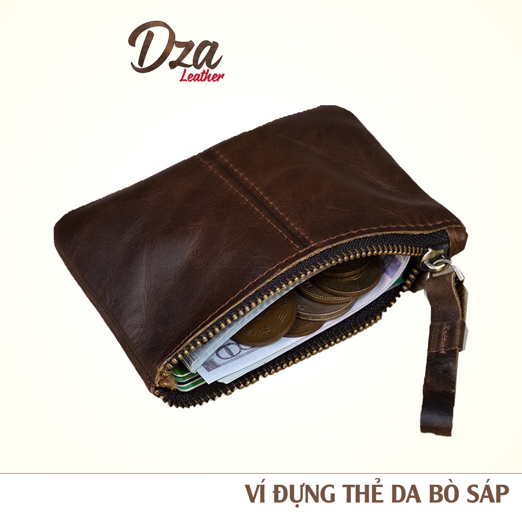 Ví đựng thẻ da bò sáp mini Dza leather có khóa kéo đồng nhỏ gọn sành điệu