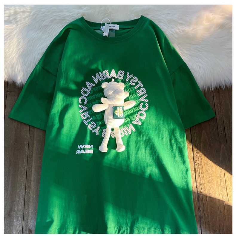 Áo Thun Tay Ngắn Dáng Rộng In Hình Gấu Màu Xanh Dương Thời Trang Mùa Hè Cho Nữ