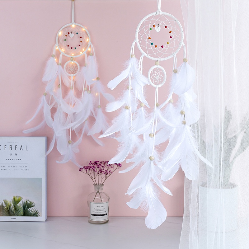 CÓ ĐÈN LED - Dreamcatcher 2 Tầng Gắn Lông Vũ Tặng Kèm Móc Dán Tường