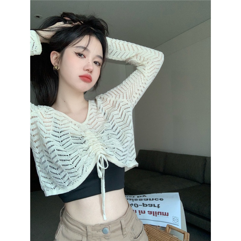 Porozi Áo kiểu  dệt kim mỏng khoét lỗ tay dài cổ chữ V phong cách Hàn Quốc thời trang dành cho nữ