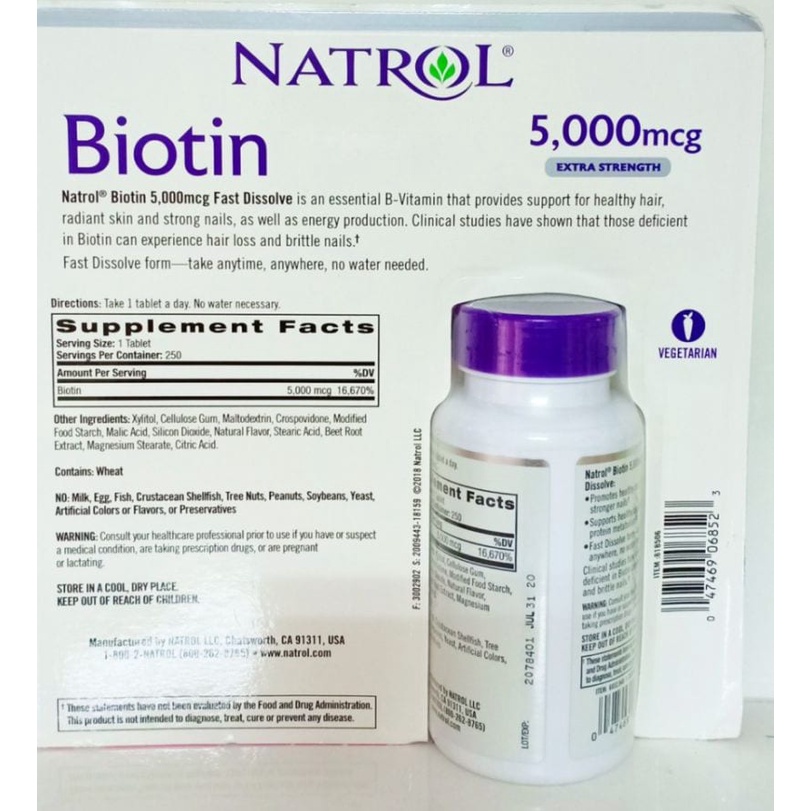 Viên Uống Mọc Tóc Natrol Biotin 5000mcg 250 viên Làm Đẹp Da, Chắc Móng Hàng Mỹ SeeMe beauty