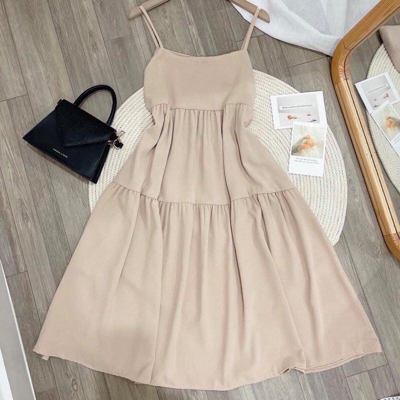 Váy 2 dây - váy maxi babydoll vải đũi trơn mềm dáng rộng màu be