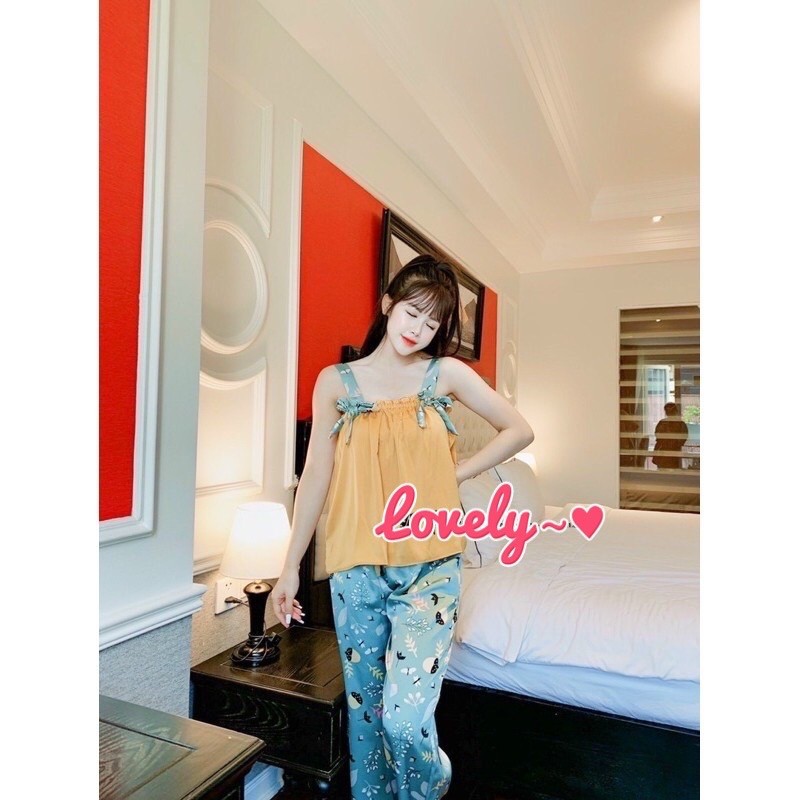Pijama Đồ Bộ Đồ mặc nhà Đồ ngủ sleepwear Hai dây thắt nơ dễ thương quần dài lụa satin cao cấp mặc mùa hè