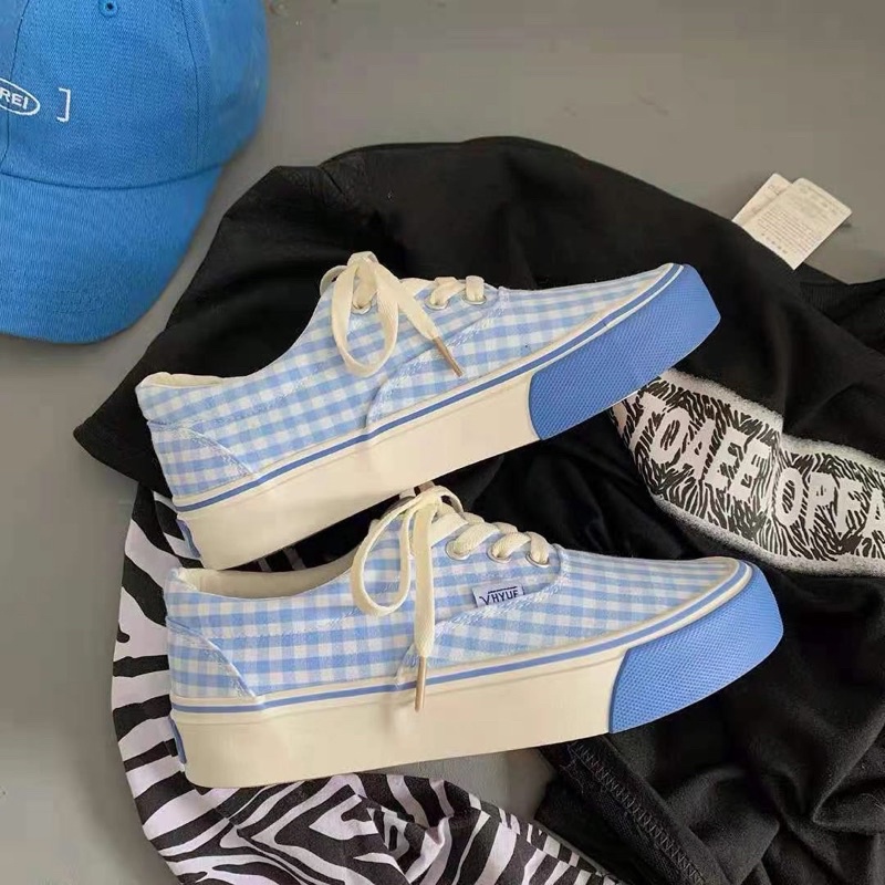 Giày Ulzzang canvas kẻ caro xanh da trời đế phối