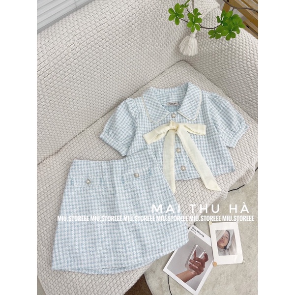 SET DẠ TWEED XANH SỌC ÁO NGẮN TAY BỒNG DÁNG CROPTOP PHỐI CHÂN VÁY CHỮ A CÚC NGỌC KÈM TAG NƠ SDTXSX