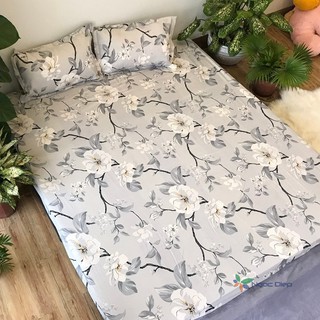 Bộ ga chun bọc đệm kèm 2 vỏ gối poly cotton mẫu hoa dây ghi