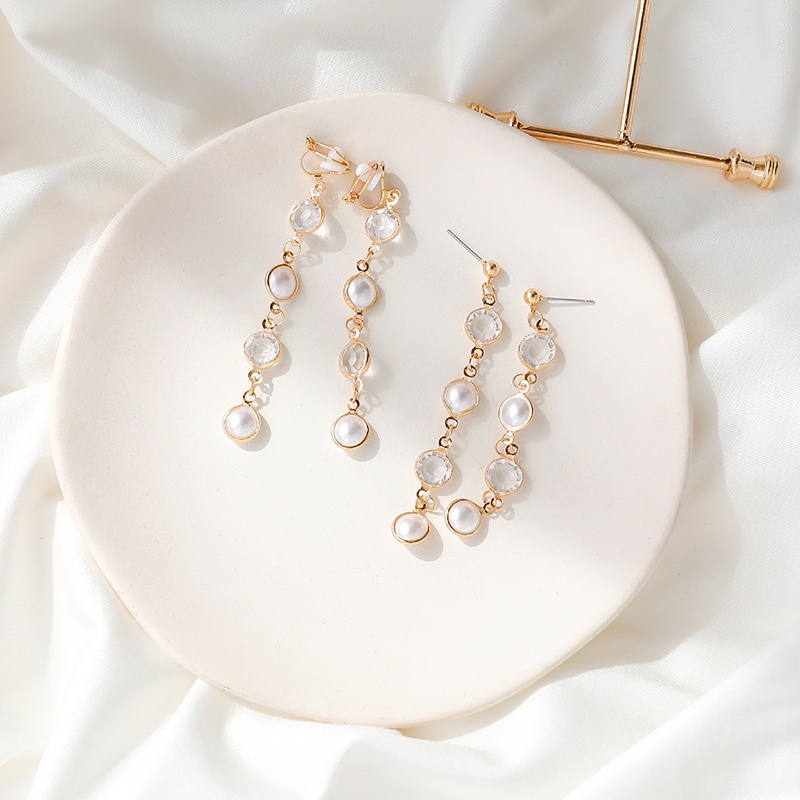 Khuyên tai dáng dài gắn ngọc trai giả trong suốt thời trang thanh lịch cho nữ