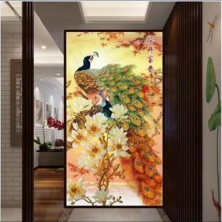Tranh thêu kín chim công kt 89x167