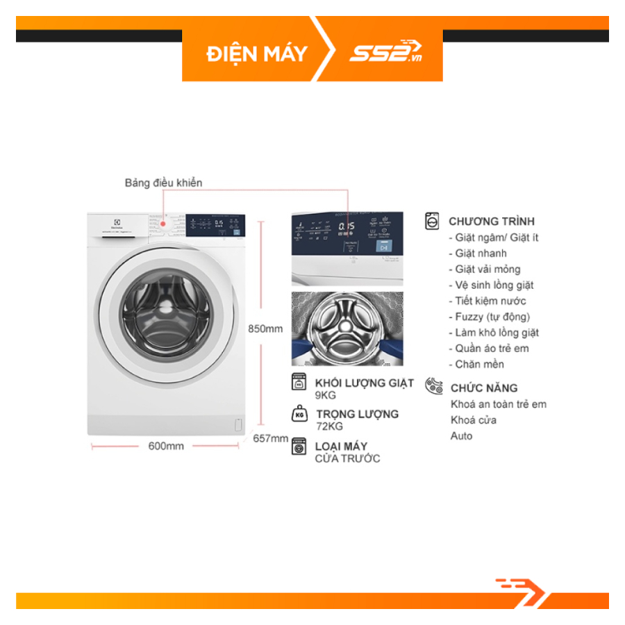 Máy giặt Electrolux Inverter 9 kg EWF9024D3WB - Hàng Chính Hãng