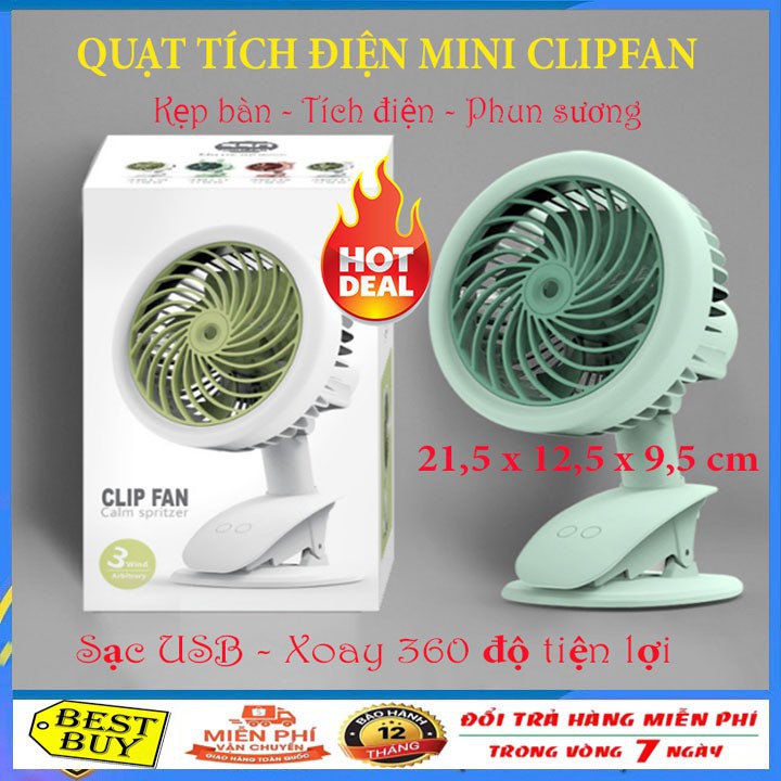 Quạt mini tích điện phun sương kẹp bàn 3 tốc độ Clip Fan cổng sạc USB, xoay 360 độ tiện lợi