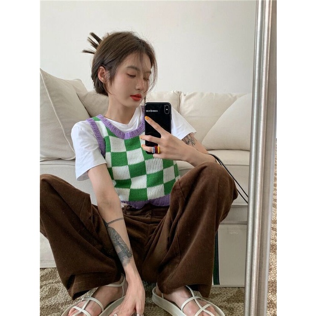 Áo dệt kim hai dây họa tiết sọc caro thời trang cho nữ