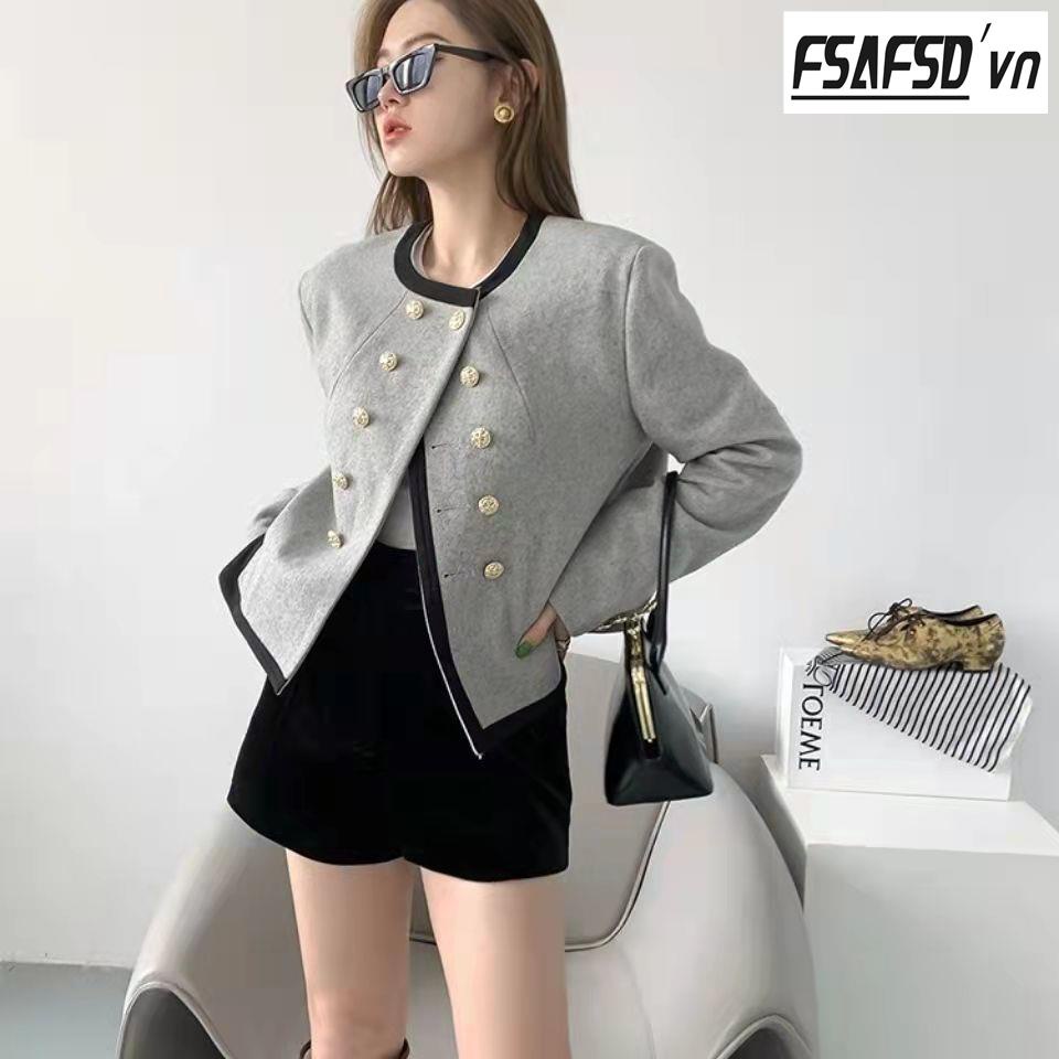 Áo Khoác Vest Vải Len Dáng Ngắn Màu Xám Cỡ Nhỏ Thời Trang Pháp 2022 Thanh Lịch Cho Nữ