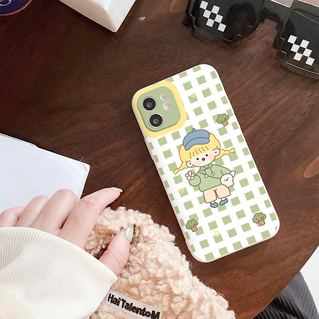 ỐP IPHONE BẢO VỆ CAM CHỐNG BỤI vuông cạnh ốp lưng 12 pro max Caro Xanh Tươi full case 6 đến 13promax tr309