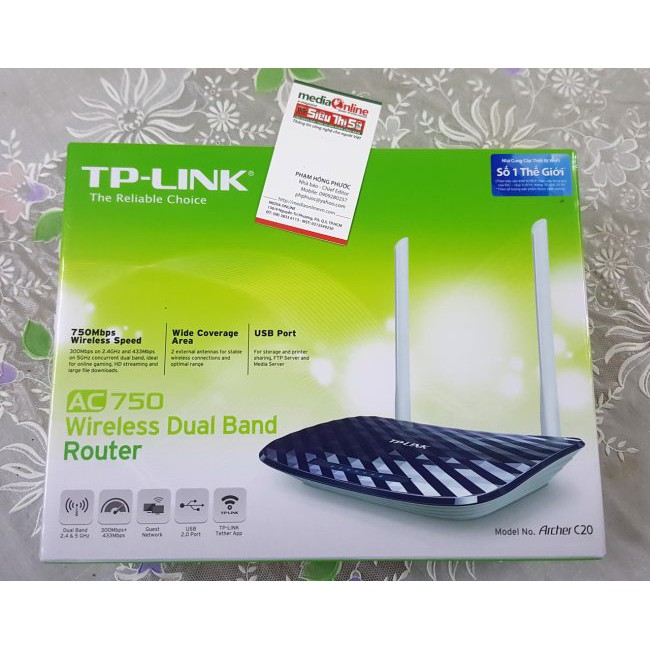 TP-LINK ARCHER C20 - ROUTER BĂNG TẦN KÉP KHÔNG DÂY AC750