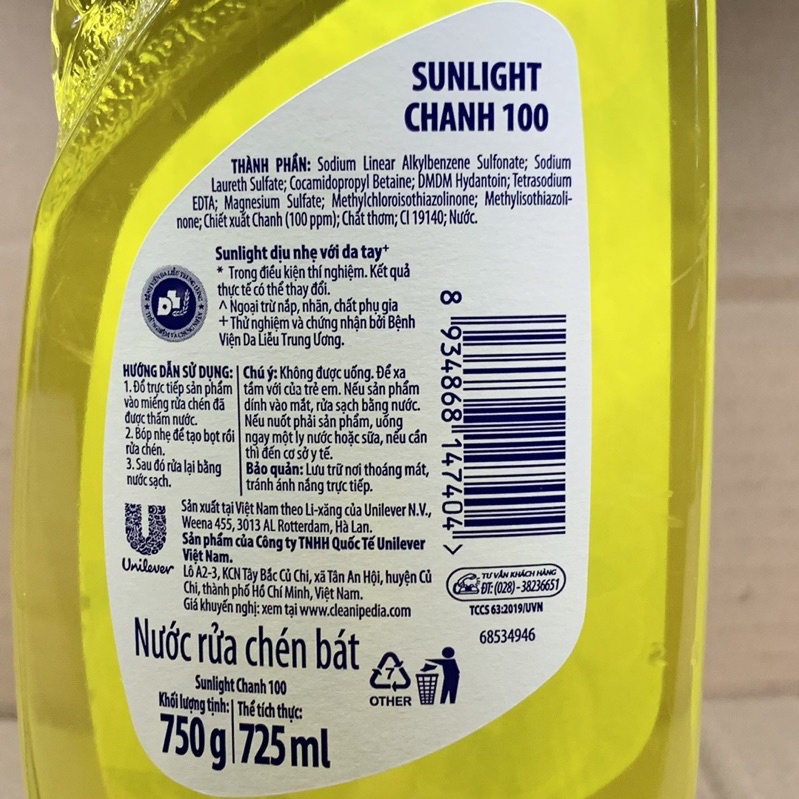 Nước rửa chén Sunlight Chanh mới sạch nhanh xả bọt nhanh chai 750g
