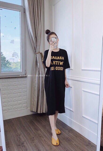 Váy suông chất cotton xoắn lưng in chữ-kèm ảnh thật