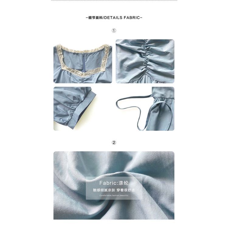 Đầm Tay Phồng Dài Phối Ren Màu Xanh Dương Phong Cách Pháp Thanh Lịch Thời Trang Mùa Hè Cho Nữ