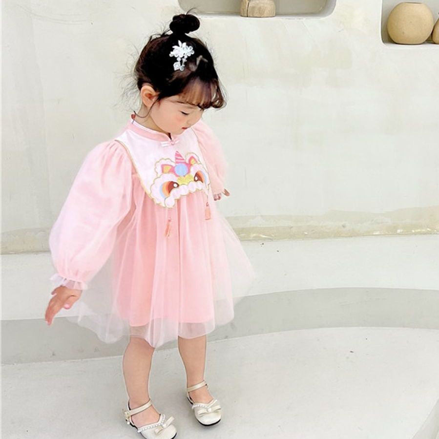 Đầm Công Chúa Hán Phục Tay Ngắn Phối Lưới In Hoạt Hình Kiểu Trung Hoa Thời Trang Mùa Hè 2022 Cho Bé Gái