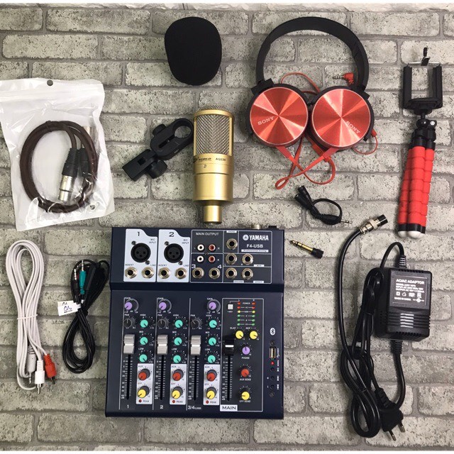 Combo Bộ Thu Âm Livestream Mic AQ220-Mixer F4 có bluetooth Kèm tai ốp và giá đỡ điện thoại dây mic 3m bảo hành 12 tháng.