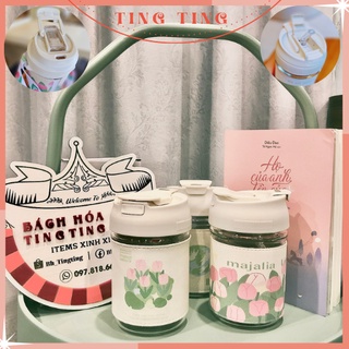 Bình nước thủy tinh 450ml, bình đựng nước thủy tinh chịu nhiệt, có quai đeo và bao da_TingTing