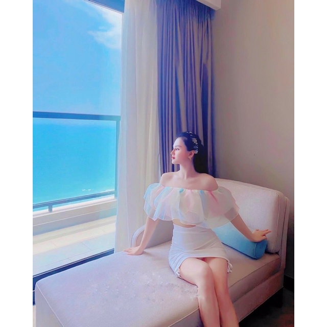 Set áo bẹt vai cầu vồng và chân váy rút dây 2 bên siêu hot