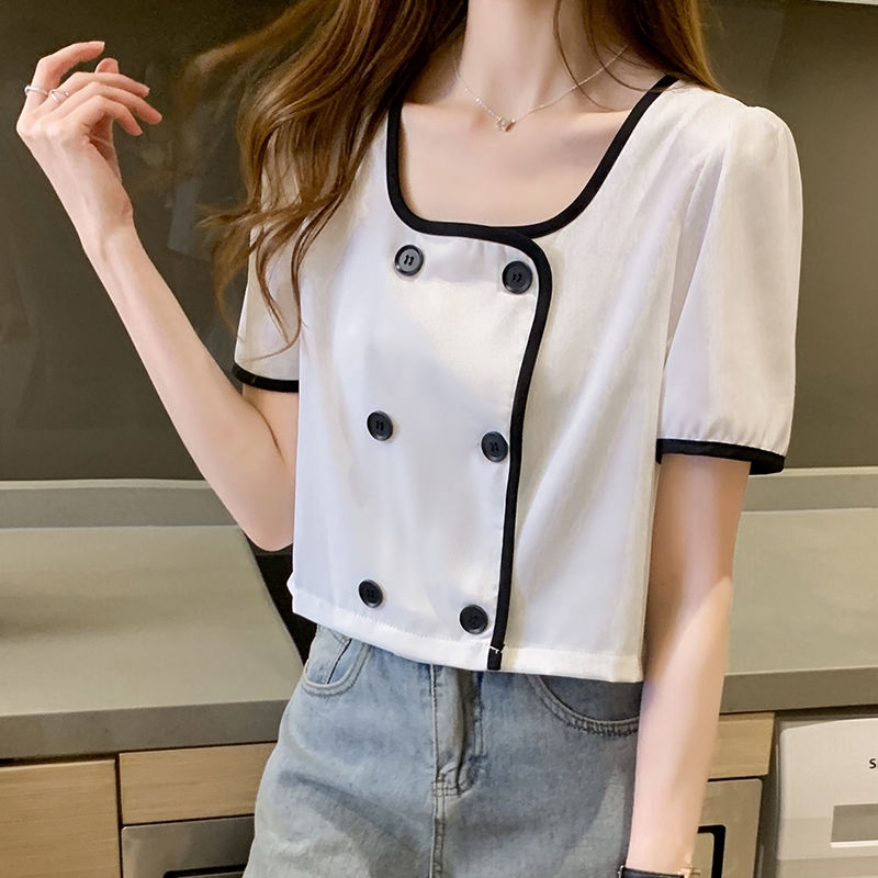 Áo Sơ Mi Ngắn Cổ Vuông Phối Hai Màu Phong Cách Hàn Quốc Mới Dễ Phối Đồ Cho Nữ