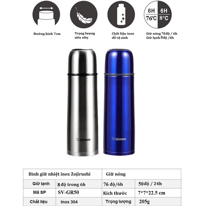 Bình giữ nhiệt nóng lạnh Zojirushi dung tích 0.5L SV-GR50, sản xuất tại Thái Lan, bảo hành 1 năm chính hãng