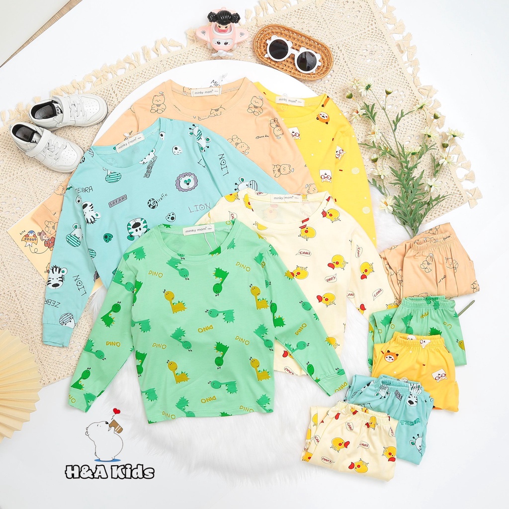 Bộ đồ dài tay MINKYBABY vải thun lạnh mềm, mịn, mát in động vật cute cho Bé Gái Bé Trai - MEGAUU