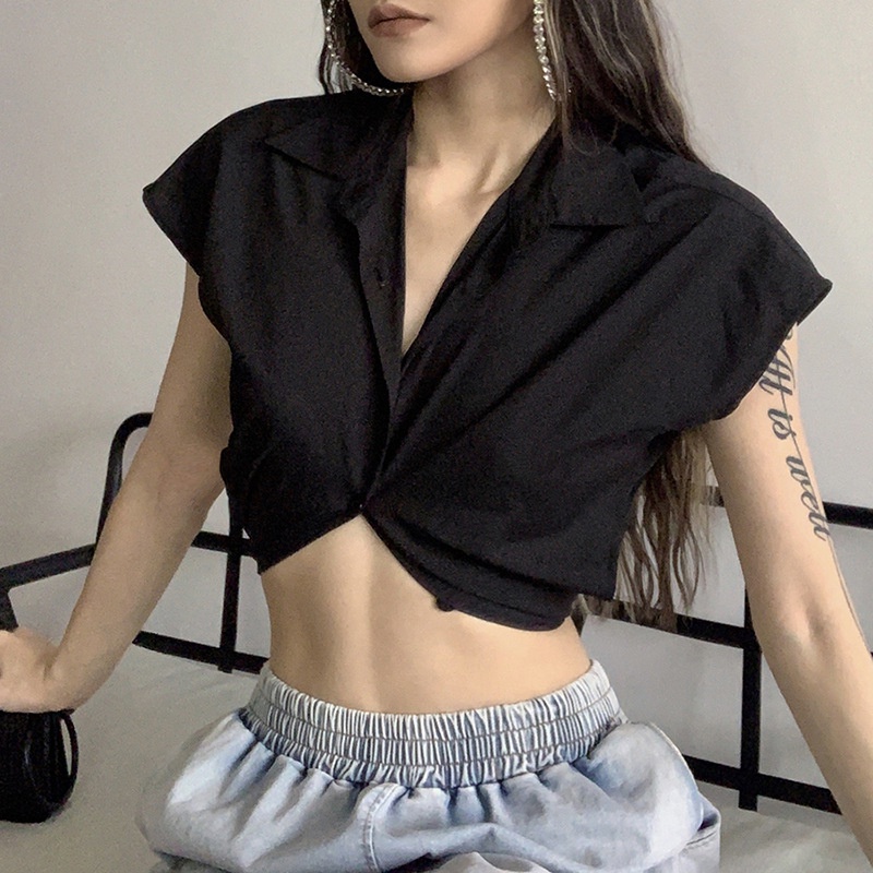 Áo Thun Đính Nút Phối Dây Ruy Băng Phong Cách Đường Phố Cá Tính Cho Nữ