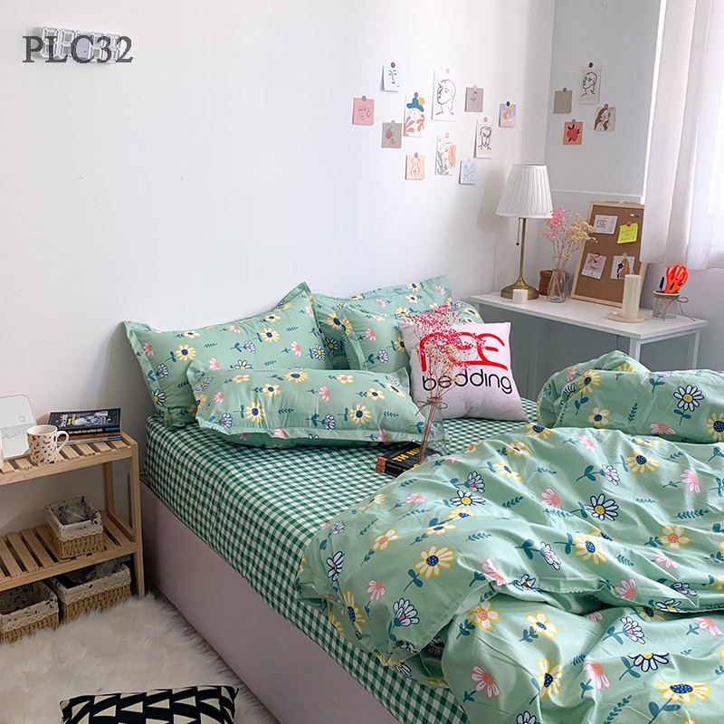 Bộ chăn ga gối Poly Cotton REE Bedding PLC32 caro xanh hoa nhí đủ size giường nệm