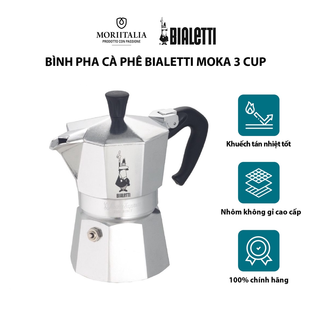 Bình pha cà phê Bialetti chính hãng 100% xuất xứ Ý, Moka 3 cup, chất liệu nhôm cao cấp Moriitalia 990001162