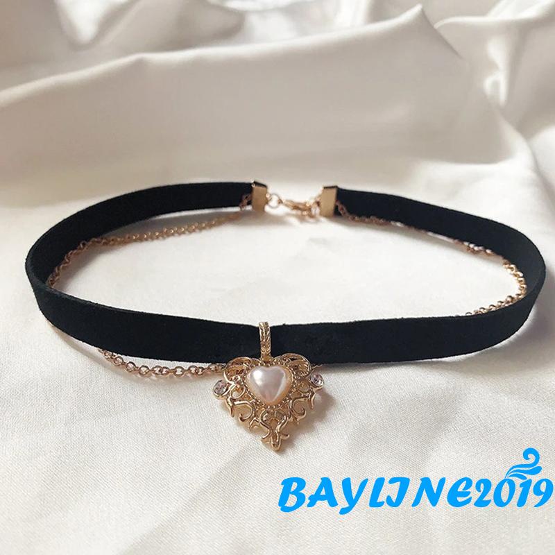 Vòng cổ vải nhung phối mặt hình trái tim mạ vàng đính ngọc trai nhân tạo thời trang cổ điển sang trọng