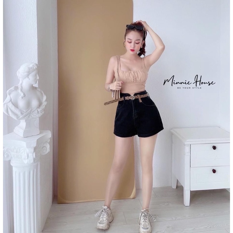 Áo thun Croptop 2 dây bảng nhún xếp li ngực, croptop nhún thun borip thái 2 lớp siêu đẹp ạ
