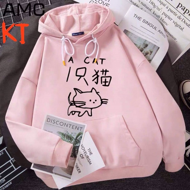 Áo hoodie nỉ mũ túi bụng in mèo cat chữ Nhật