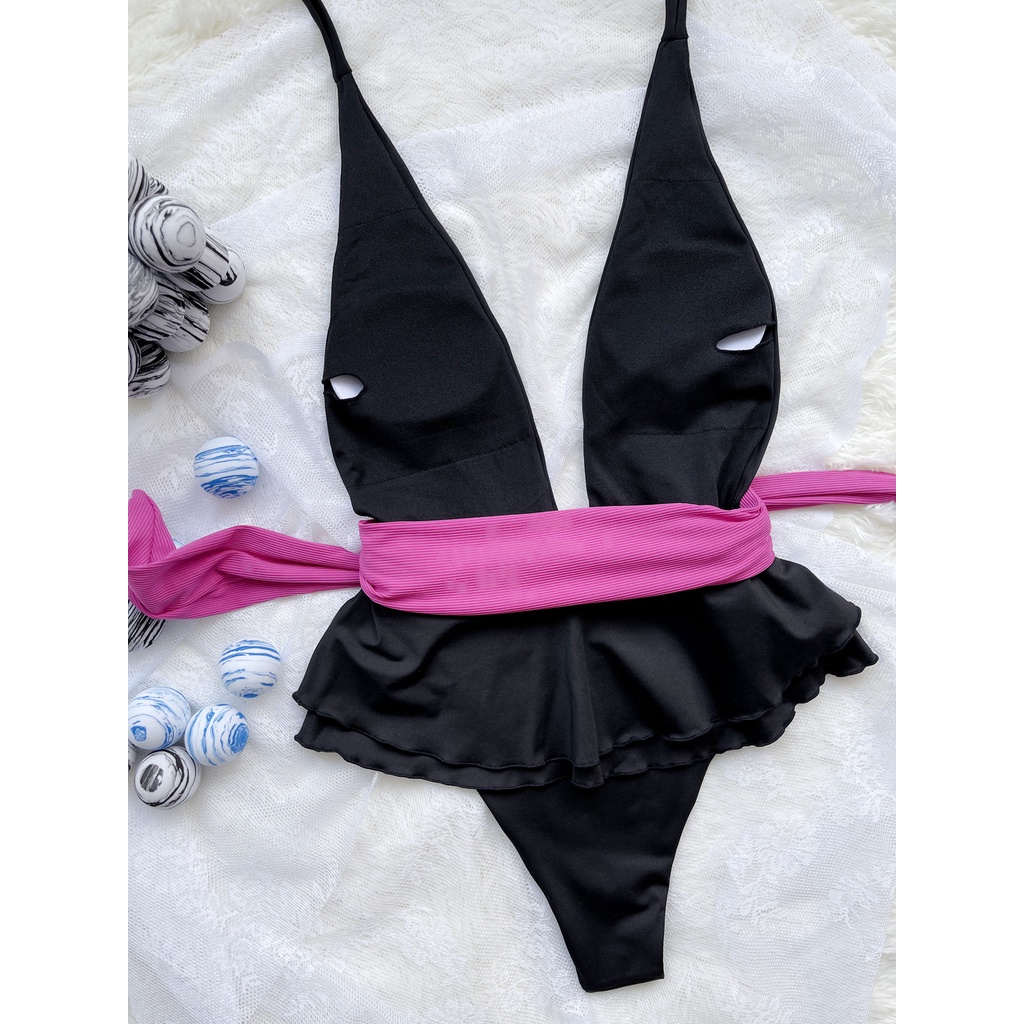 [BKN1231] &lt;ÂU&gt; BODYSUIT TRẮNG BÈO HÔNG NƠ EO XANH VẢI GÂN