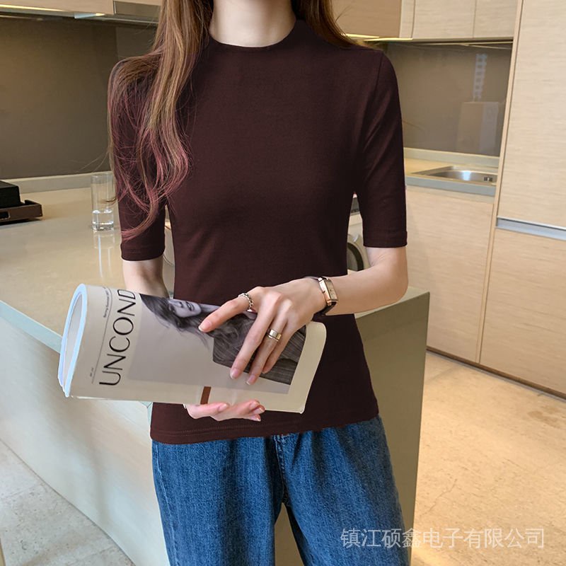 Áo Thun Tay Ngắn Màu Đen Cổ Cao Ôm Dáng Thời Trang Cho Nữ