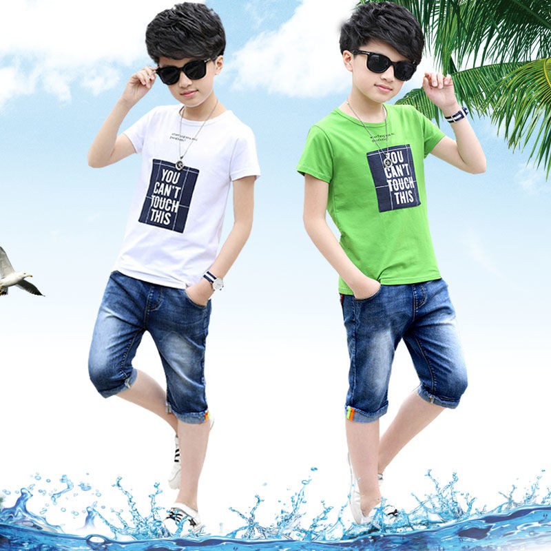 quần thun bé trai✹[Áo phông 95% cotton + quần denim] bộ đồ ngắn tay cho bé trai, hai mảnh mùa hè trẻ em, lớn 8